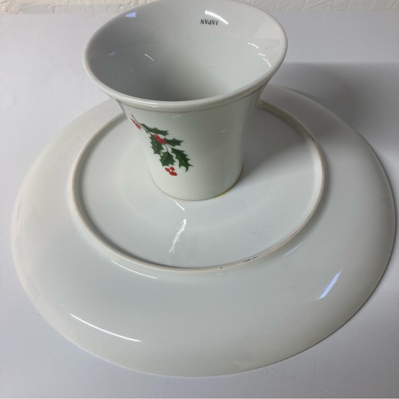 VTG Holiday Cake Stand Japanese Porcelain Pedestal Plate Holly & Berries Repair? - Picture 7 of 7
